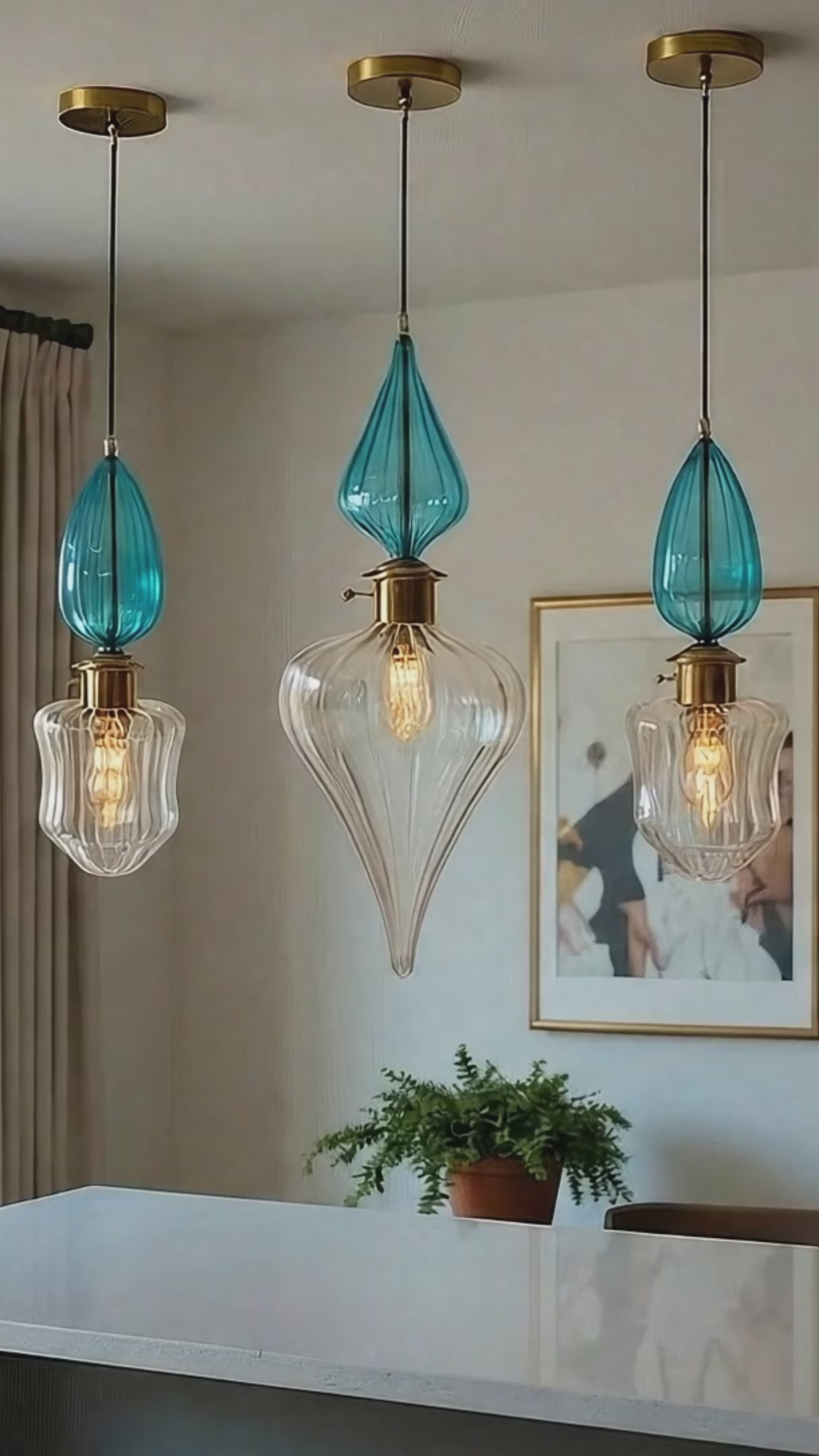 Teal Blue Blown Glass Pendant Light